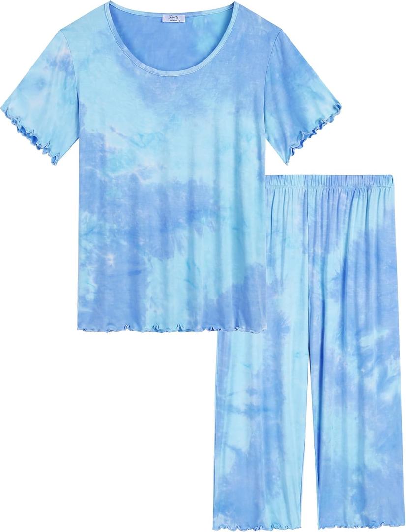Joyaria Cooling Pajamas for Women Bamboo Viscose Pjs Capri Pants Short Sleeve Sleepwear with Ruffle Trim (Medium, Tie Dye)