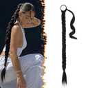 BARSDAR 26 Inch Long Braided Ponytail Extension with Hair Tie - Straight Sleek Wrap Around Dark Brown Braided Ponytail Hair Extensions - Synthetic Pony Tails Hairpieces for Women - Dark Brown