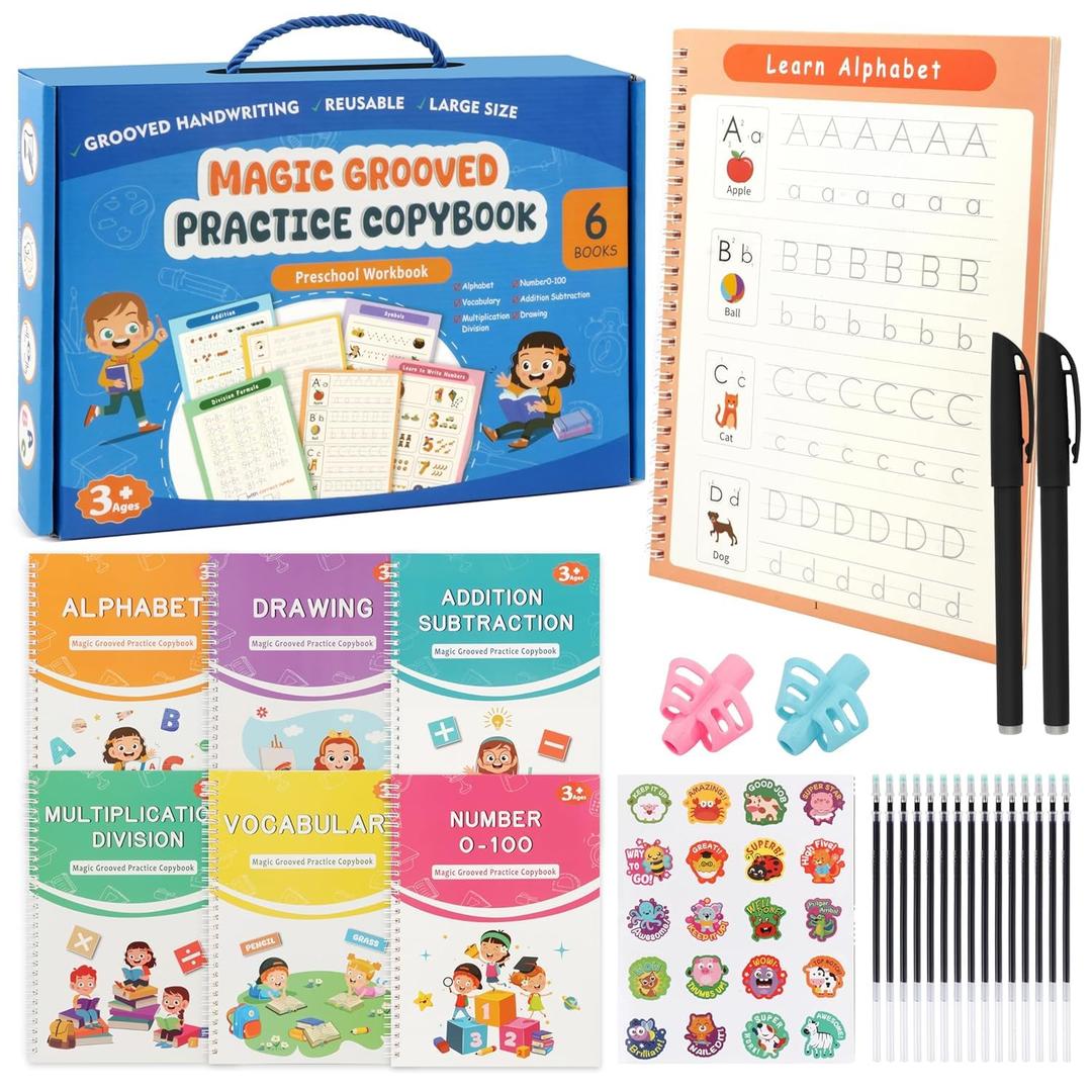 6 Pack Large Magic Grooved Writing Practice Books -Reusable Grooved Handwriting Workbooks - Preschool Letter Tracing Books - Educational Learning Gifts-Writing Practice for Kids Age 3-8 (7.2inx10.2in)