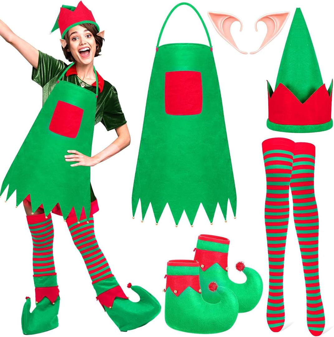 5 Pcs Christmas Elf Costume Kits Include Elf Apron Elf Shoes with Jingle Bells Santa Elf Hat Long Striped Socks Fairy Pixie Elf Ears for Christmas Party Adults Cosplay Accessories Xmas Party Gifts