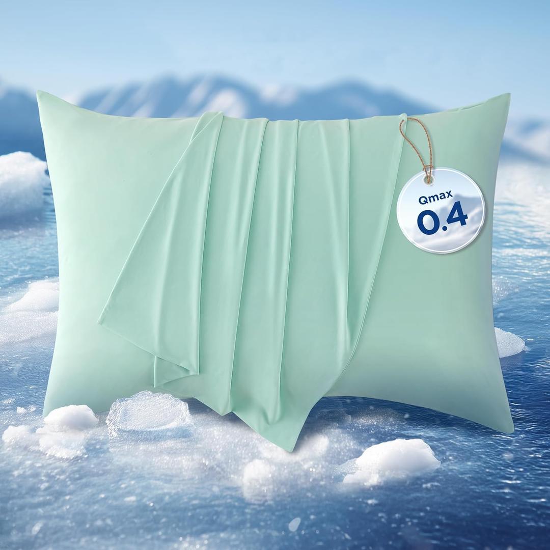 Bedsure Cooling Pillow Cases, Zipper Pillow Cases Queen Size Set of 2, Cool Pillowcases for Hot Sleepers & Night Sweats, Soft & Breathable Cold Pillow Covers for Hair & Skin, Gift, Green, 20x30 Inches
