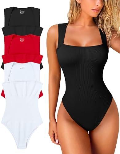 OQQ Women's 2 Piece Bodysuits Sexy Ribbed Strappy Square Neck Sleeveless Tummy Control Tank Tops Bodysuits, M