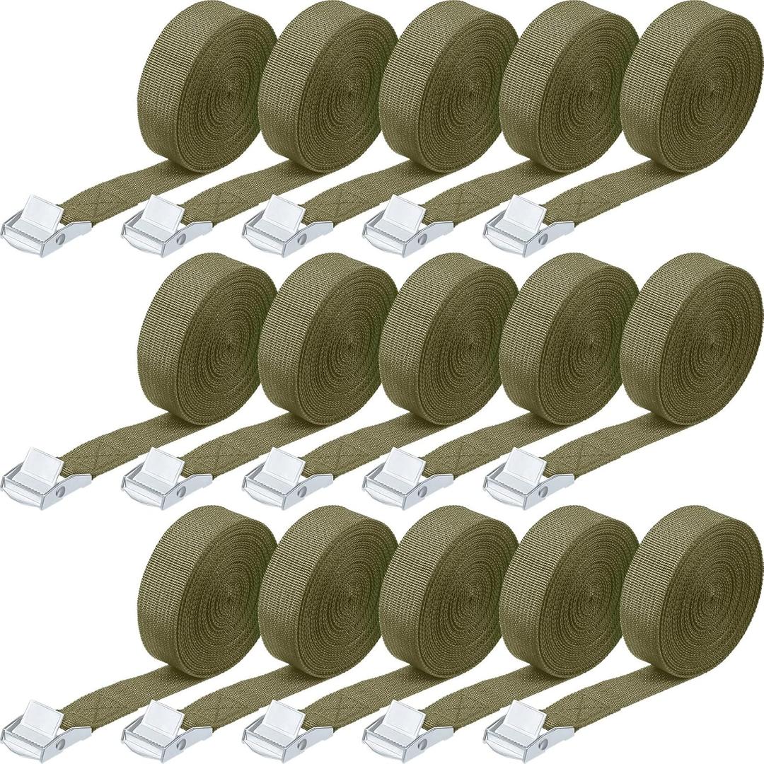 Riakrum 15 Pack 16 Feet Lashing Straps Adjustable Kayaks Tie Down Cam Buckle Straps with Buckles up to 250lbs for Cargo, Luggage, Motorcycles, Truck, Car Roof Rack, Sup Surfboard(Army Green)