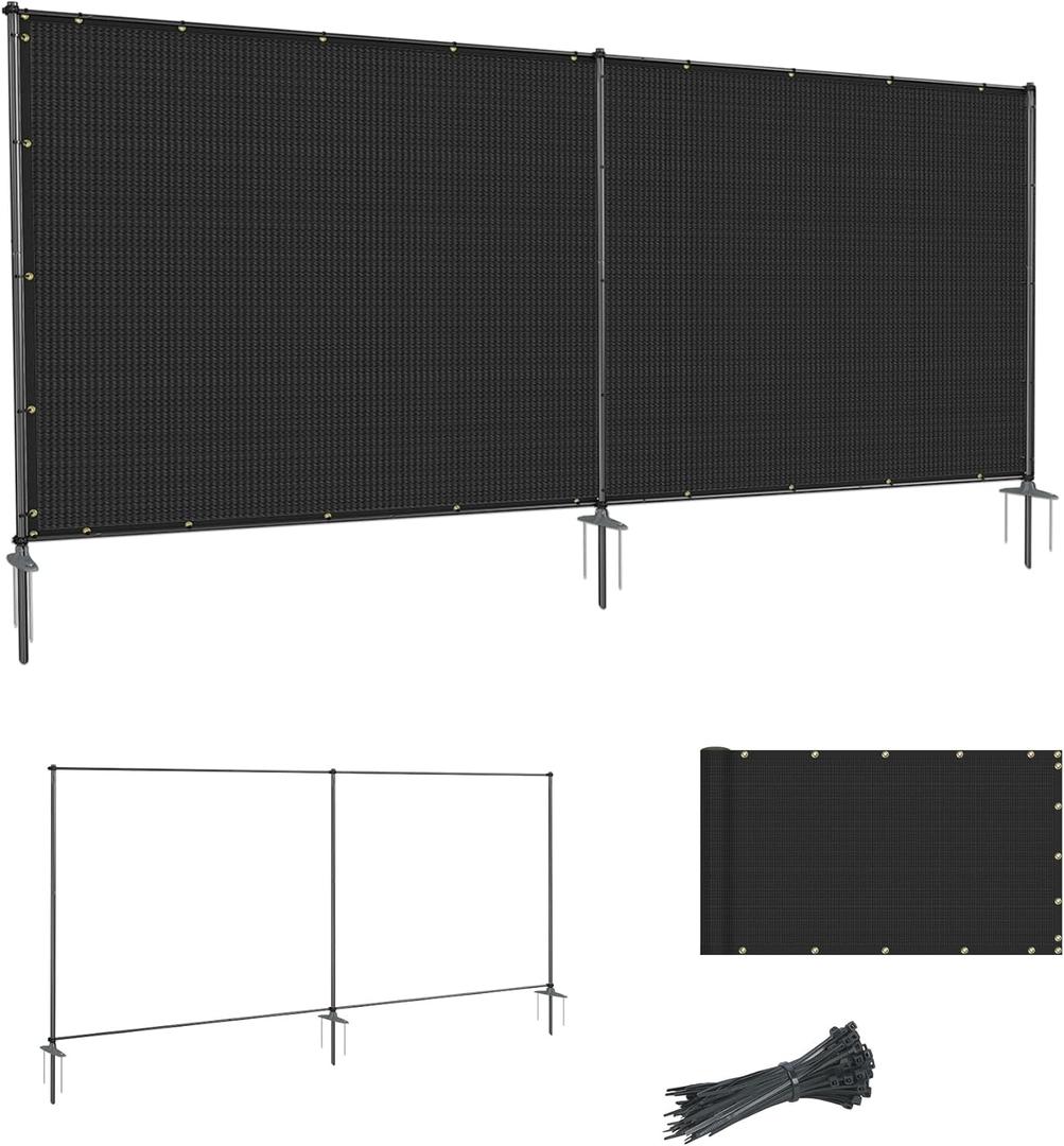 SunnyRoyal 5' x 12' Privacy Fence Screen Panel with Iron Poles Freestanding No Dig Heavy Duty Windscreen Mesh Fabric Temporary Dog Fencing for Outdoor Backyard Patio Garden (Black)