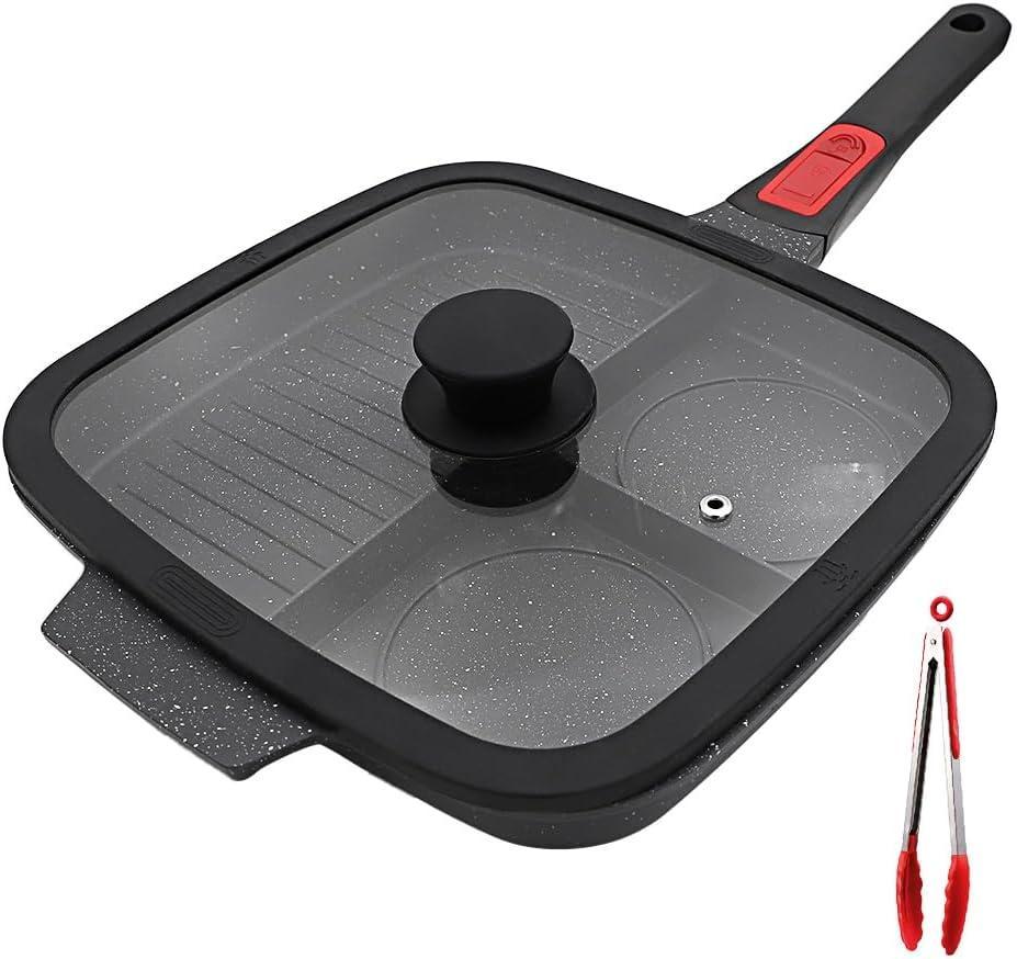 3 Section Grill Pan for Stove Tops with Detachable Handle, Nonstick Versatile Griddle Pan with Lid, Square Skillet PFOA Free, Black