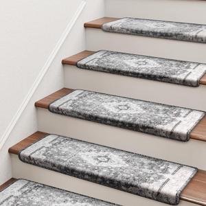 Brakki Bullnose Stair Treads for Wooden Steps, Non Slip Stair Carpet for Indoor Runner and Pets, Soft Edging Staircase Protectors Reusable, Washable, 29.5"x9.5"x1.5" 14pcs, Grey