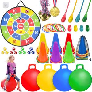 LINAYE Carnival Games Combo Set Outdoor Activities, Field Day Lawn Yard Family Reunion Fall Festival Games Hopper Balls Dart Board for Kids Ring Toss Egg and Spoon for Kids Birthday Party