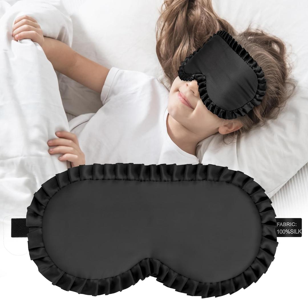 Kids Sleep Mask Eye Cover, 100% Real Mulberry Silk Sleep Mask with Adjustable Strap, Kids Blindfold for Sleeping, Boys Girls Eye Shade for Ages 5+, Soft and No Pressure (Black)