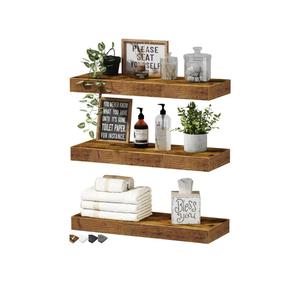 QEEIG Floating Shelves for Wall Bathroom Shelf Bedroom Kitchen Living Room Hanging Book Shelves Small Farmhouse Decor 16 inch Set of 3, Rustic Brown (015-BN3)