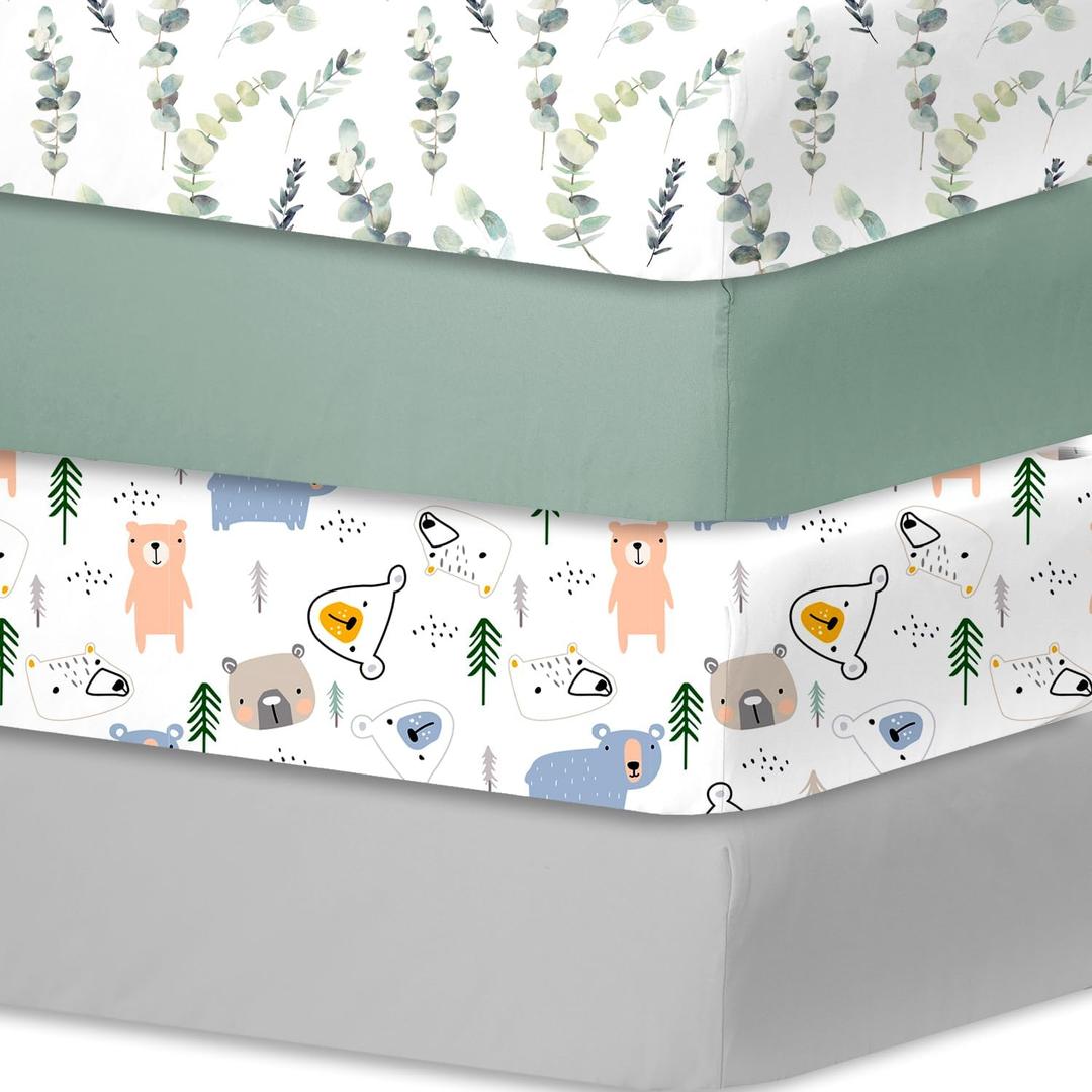 Bimocosy Crib Sheets for Boys Girls, Fitted Crib Sheet 4 Pack for Standard Crib and Toddler Mattresses, Super Soft Breathable Microfiber Baby Sheet 28x52x8in, Leaf/Bear/Gray/Green (Leaves)