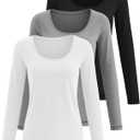 3 Pack Women's Long Sleeve Shirts Scoop Neck Slim Fit Tops U-Neck T-Shirts Basic Casual Tee Layer for Ladies (Black, White, Light Mixed Gray)