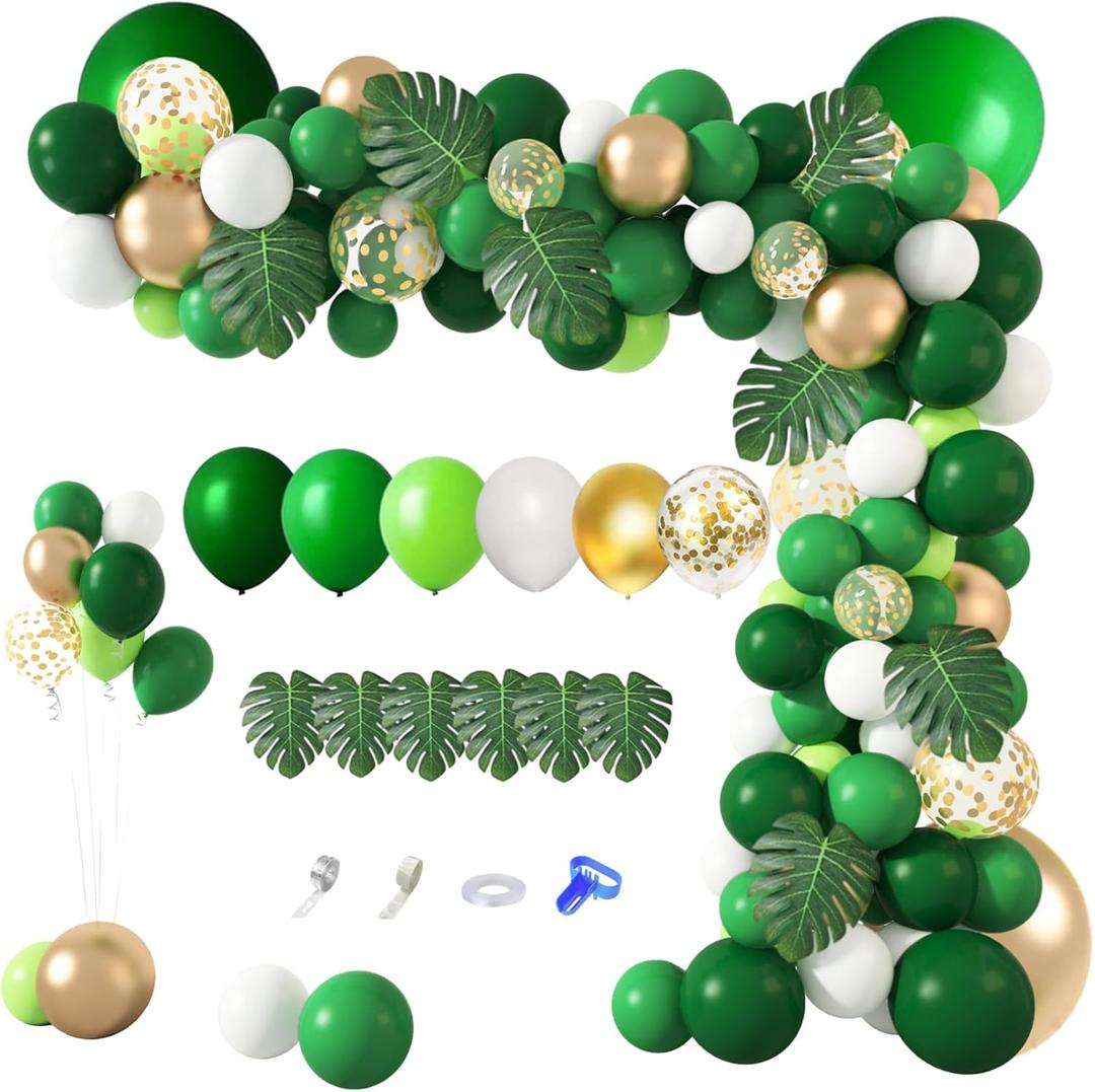 Amandir 163Pcs Jungle Party Balloons Garland Arch Kit, Gold Green Balloons Dinosaur Party Decoration with Palm Leaves for Safari Animal Wild One Birthday Baby Shower St Patricks Day Party Supplies