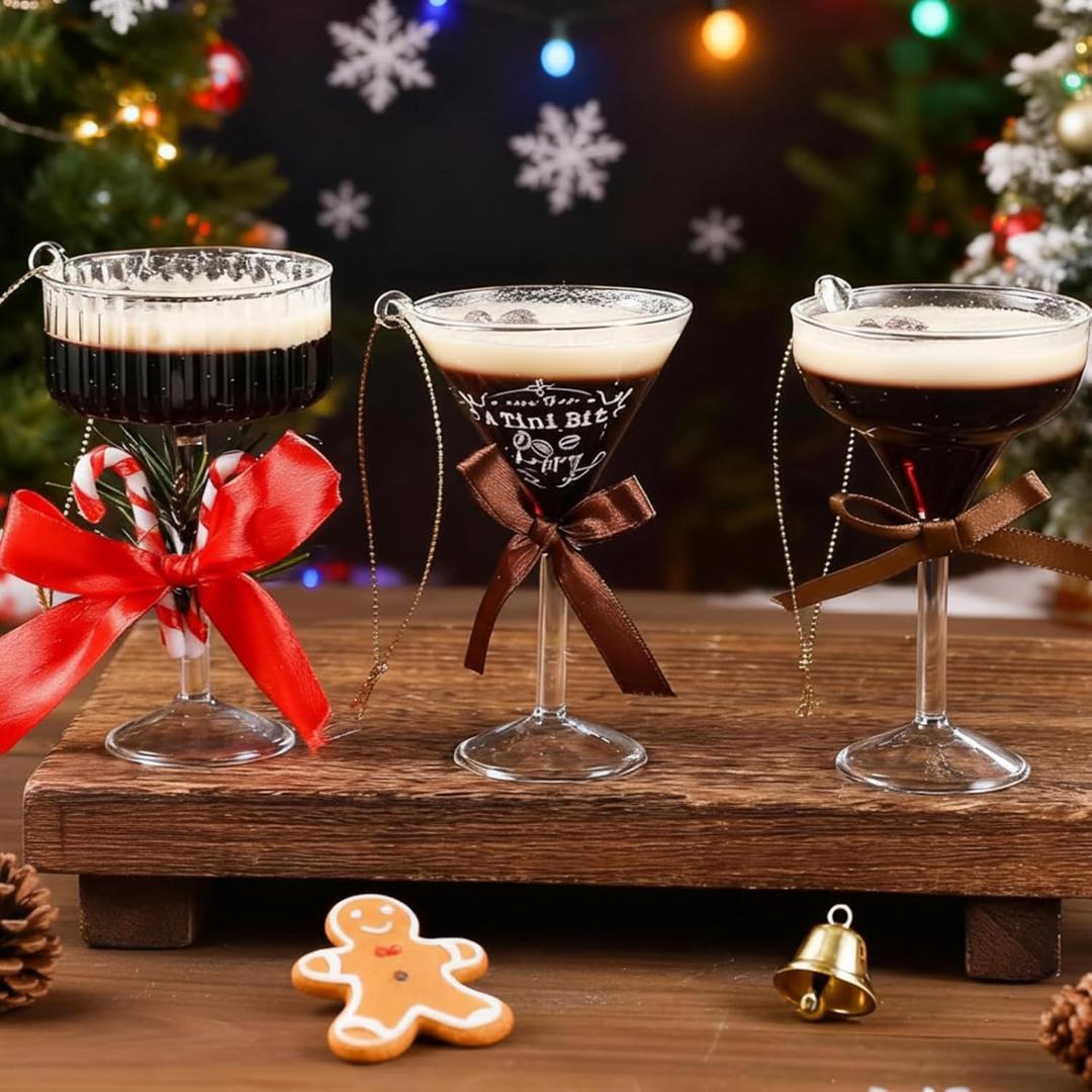 Wesiti 3 Pcs 4" Glass Martini Ornament for Christmas Tree 3D Cocktail Wine Glass Bow Pendant Christmas Tree Decorations Xmas Ornament Gift for Women Martini Birthday Party Decorations