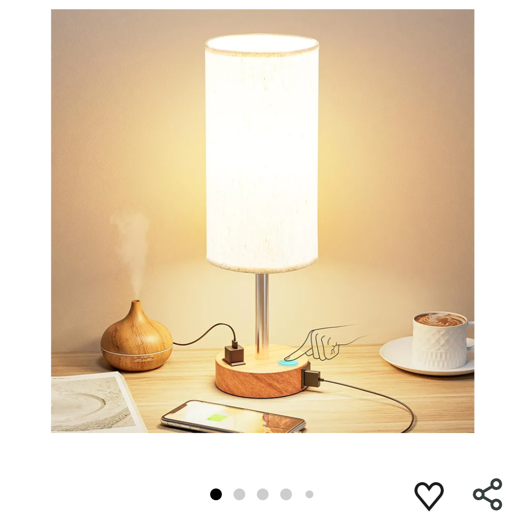 Fenmzee Bedside Table Lamp for Bedroom - 3 Way Dimmable Touch Lamp USB C Charging Ports and AC Outlet, Small Lamp Wood Base Round Flaxen Fabric Shade for Living Room, Desk, LED Bulb Included