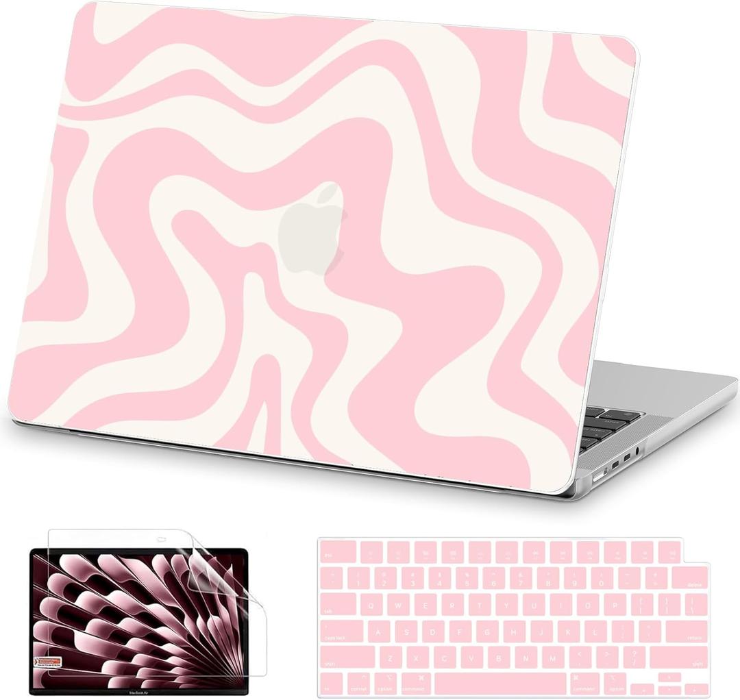 AKIT Compatible with MacBook Pro 16 inch Case 2025 2024-2021 M4 M3 M2 M1 Pro Max A3403 A3186 A2991 A2780 A2485, Unique Pattern Hard Shell Laptop Case+Screen Protector+Keyboard Cover, Pink Wave