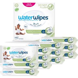 WaterWipes Sensitive+ Baby & Toddler Wipes, 3-In-1 Cleans, Cares, Protects, 99.9% Water, Textured Clean, Unscented & Hypoallergenic, 1080 Count (18 Packs)