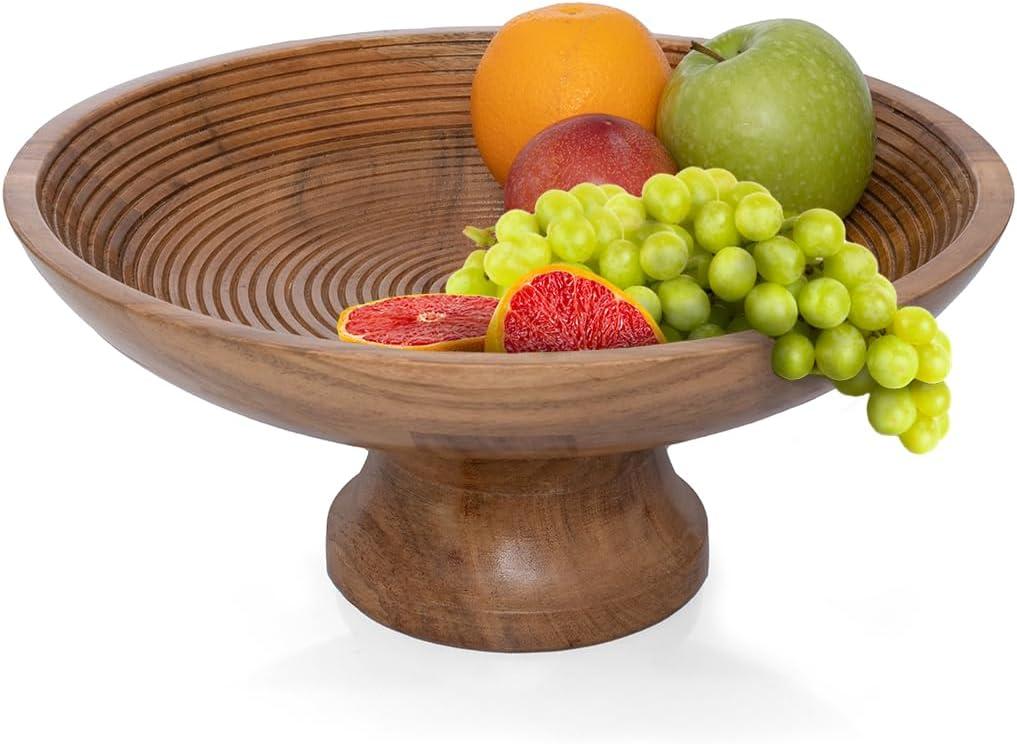 Folkulture Wooden Fruit Bowl for Kitchen Counter | 12" Large Premium Eco Friendly Banana Fruit Basket for Kitchen | Acacia Wood Bowl with Holder, Pedestal for Table Decor, Centerpiece for Dining Table (Natural Ribbed)