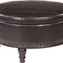 INSPIRED by Bassett OSP Home Furnishings Augusta Round Storage Ottoman with Decorative Nailheads and Flip Over Lid with Serving Tray Surface, Espresso Faux Leather