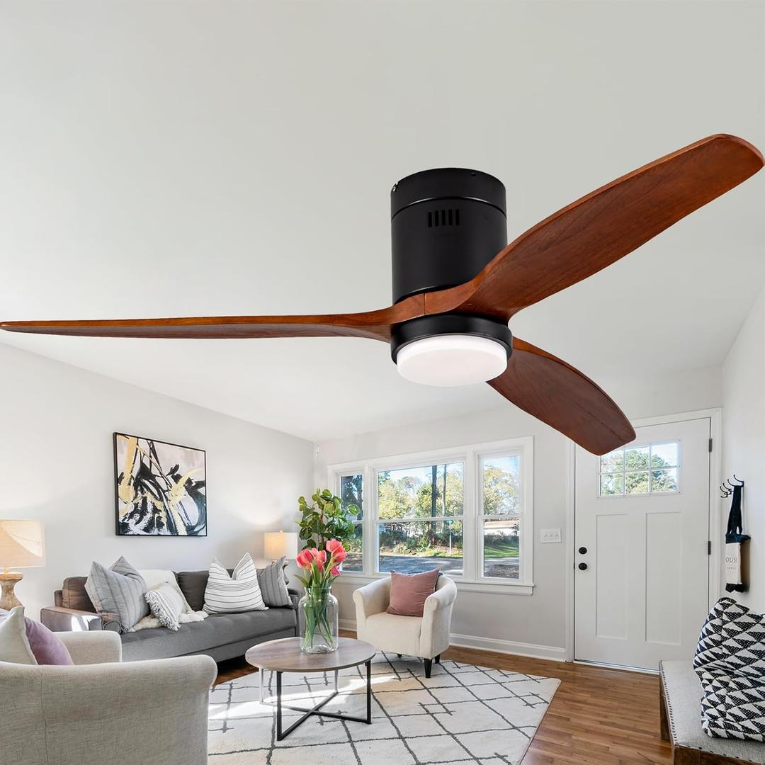 52 Inch Low Profile Ceiling Fans with Lights and Remote Control, Flush Mount Ceiling Fan with Lights, 3 Blades Solid Wood Hugger Easy Installation for Living Room, Bedroom, Farmhouse, Indoor (Dark Walnut)