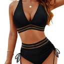 Blooming Jelly Women High Waisted Bikini Sets Tummy Control Swimsuits Mesh 2 Piece Bathing Suit (M, Black Mesh)