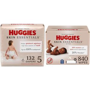 Huggies Skin Essentials Bundle: Huggies Skin Essentials Baby Diapers, Size 5 (27+ lbs), 132 Count & Baby Wipes, 15 Flip-Top Packs, 840 Count (15 Packs of 56)
