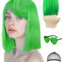 Side Bangs Featured Wigs and Party Sunglasses, Cosplay Color Bob Wig and Party with Neon Glasses for Women - Bachelorette Party Wigs Decorations Favors (Green)