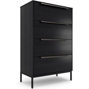 tinge Lira Premium 4 Drawer Fabric Dresser - Engineered Wood Frame Chest of Drawers for Bedroom - Strong & Sag-Proof Clothing Organizer with Sleek Metal Handles (Black), 11.8"D x 23.4"W x 36.5"H