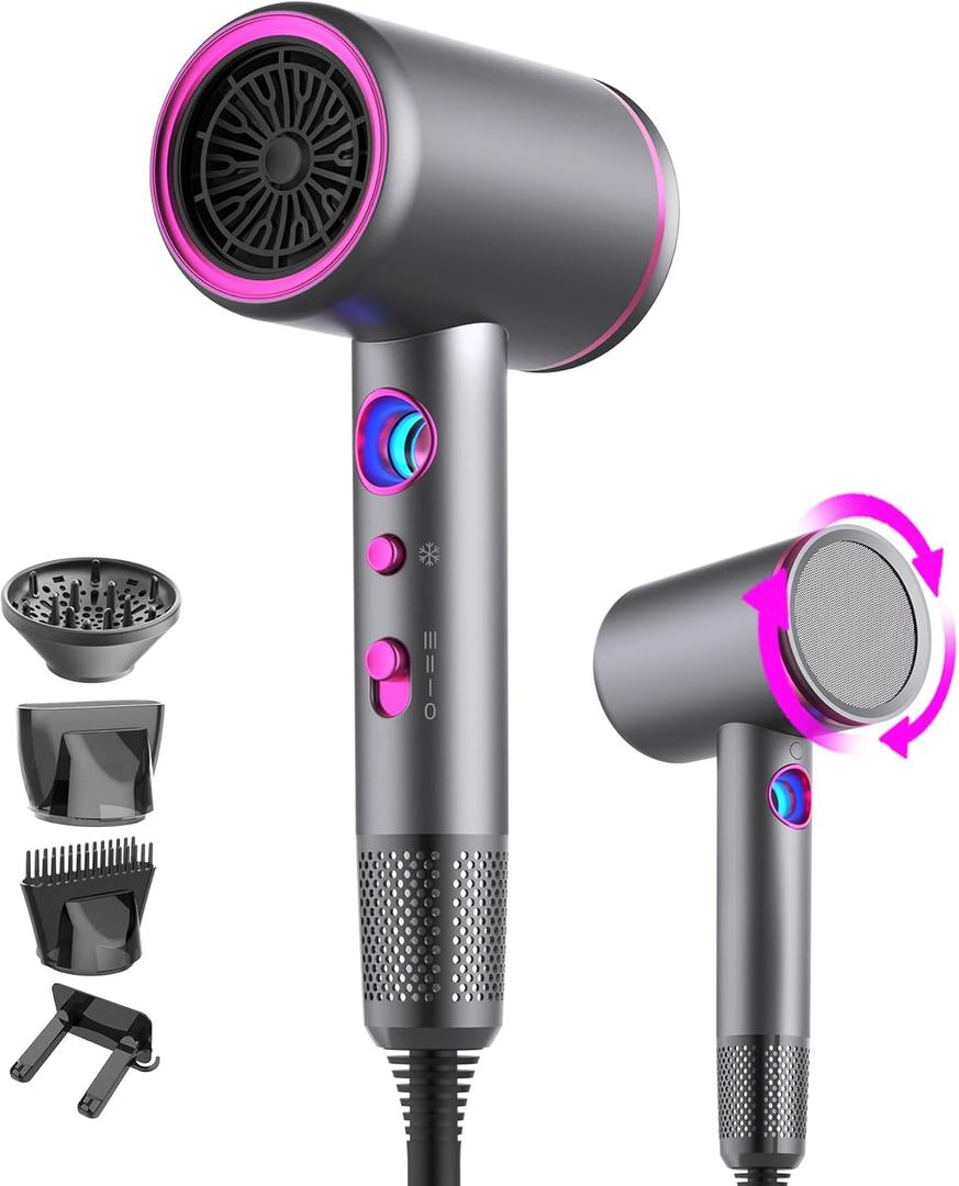 Ionic Hair Dryer, Arhhn Powerful 1875W 110,000 RPM Professional Hair Dryer with Diffuser, Lightweigh Low Noise Blow Dryer for Fast Drying, Lightweight Hairdryer for Home,Travel,Gifts, Hair Styling (Gray/Pink)