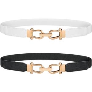 JASGOOD Women Stretchy Waist Belt Retro Elastic Skinny Belt for Ladies with Gold Buckle, S Belt, Length 27in Up to 31in, Black, White