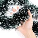 Waydress 2 Pcs Dark Green Tinsel Garland Christmas Tree Decoration Streamer White Snow Metallic Garland Xmas Tree Hanging Streamers for Party Supplies Indoor Outdoor Decor, 3.5 Inch Wide