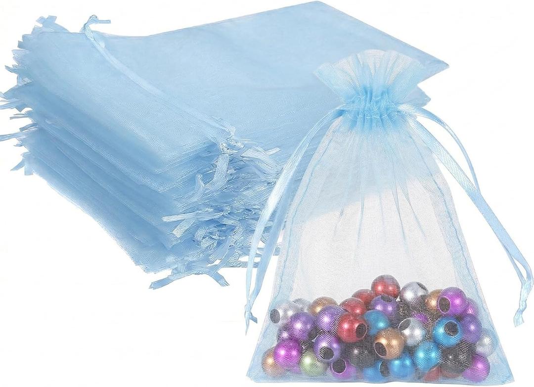 Wudygirl 100PCS Sheer Organza Bags - 5x7 Inch Drawstring Jewelry & Candy Favor Bags for Wedding Party (Sky Blue)