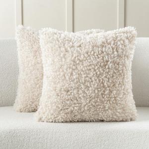 FUTEI Beige Decorative Throw Pillow Covers 16x16 Inch Set of 2,Soft Fluffy Faux Wool Fur Boucle Textured Cushion Case,Modern Home Decor for Couch Bed Living Room Office