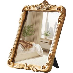 Gold Vintage Wall Decor Hanging Mirror, Boutique Chic Vanity Square Mirrors, Retro Decor Espejo,Antique Table Makeup Mirror with Stand,Living Room,Bathroom,Bedroom,11.8" L x 9.5" W Gold