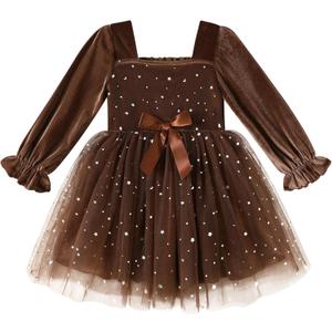 YOUNGER TREE Toddler Tutu Dress Girls Long Sleeve Tulle Holiday Birthday Party Princess Dresses Fall Winter Clothes (18-24 Months, Brown)
