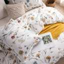 SLEEPBELLA Comforter Queen Size, 600 Thread Count Cotton White Printed with Blue & Blush Flowers Cotton Comforter Set,Down Alternative Bedding Set 3Pcs (Queen, White Floral)
