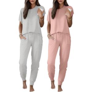 Ekouaer 2 pack Pajama Sets for Womens Jogger Pants Pjs Short Sleeves Lounge Set Soft Sleepwear with Pockets  (M)