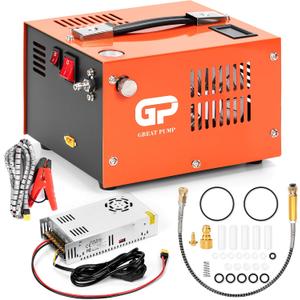 TUXING PCP Air Compressor, Max 4500 PSI / 300 Bar, Dual Power Car 12V DC or Home 120V AC, Built-in Cooling Fan, with Adapter HPA Compressor for Paintball/PCP Rifle/Mini Scuba Tank