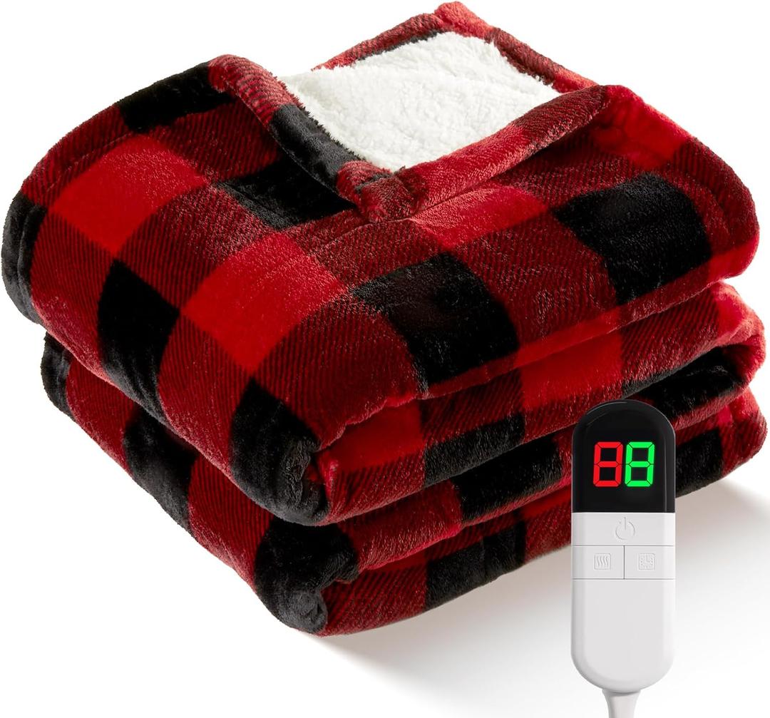 Electric Heated Sherpa Buffalo Plaid Christmas Throw Blanket with 8 Heating Levels & 8 Hours Auto Off, Fast Heating Warm Plush Washable Blanket with Over-Heat Protection, ETL Certification, Red (Throw-50" x 60")