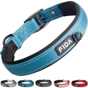 Fida Heavy Duty Dog Collar, Ultra Comfortable Soft Neoprene Padded, Adjustable Reflective Nylon Pet Collar with Durable Metal Belt Buckle for Large Breeds (L, Blue) (Large(19"-23"))
