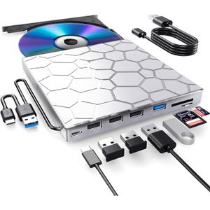 External CD/D1VD Drive for Laptop, DVD Player for Laptop, 8 in 1 USB 3.0 Ultra-Slim Portable (Silver)