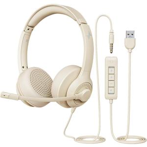 USB Headset with Mic for PC, On-Ear Computer Laptop Headphones with Noise Cancelling Microphone in-line Control for Home Office Online Class Skype Zoom (USB+3.5mm, Apricot)