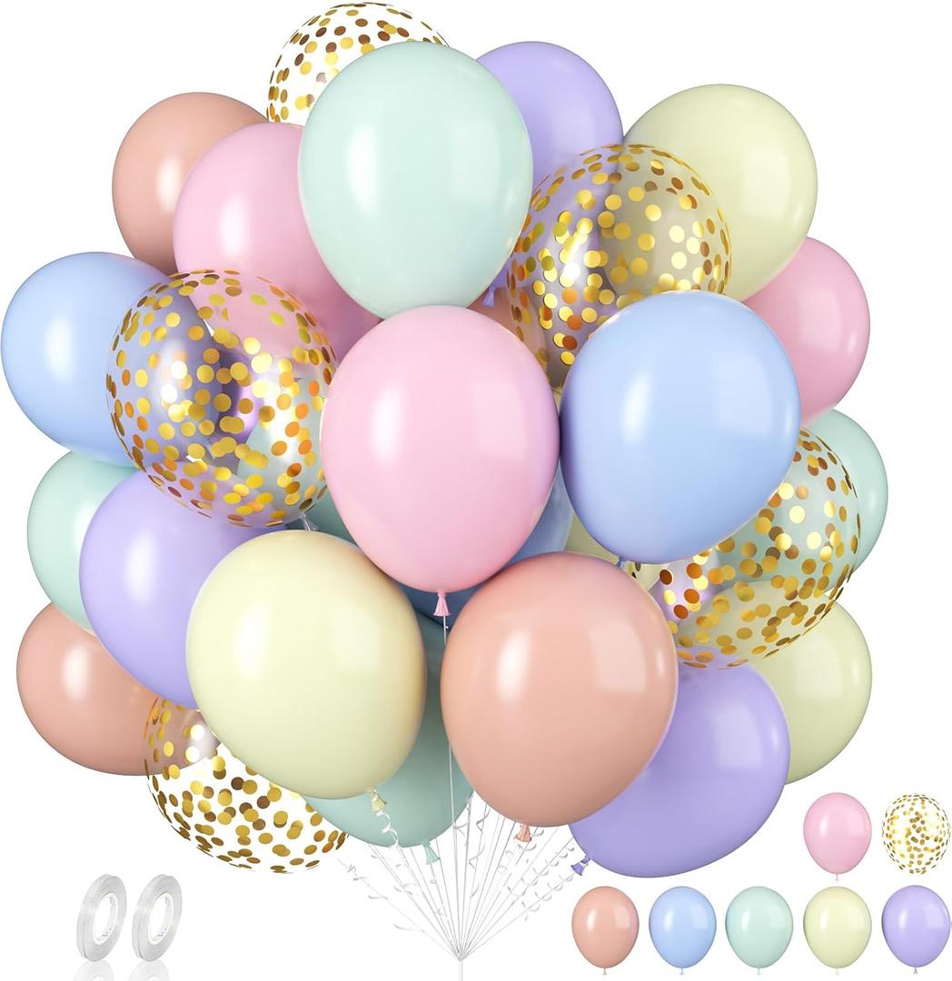 Pastel Balloons, 60 PCS Pastel Easter Balloons, 12 Inch Macaron Pink Blue Purple Green Yellow Orange Color Balloon Gold Confetti for Birthday Baby Shower Wedding Pastel Easter Party Decorations