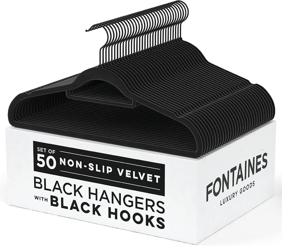 Fontaines Luxury Black Velvet Felt Non Slip Clothes Hangers 50 Pack - Ultra Slim & Space Saving - Heavy Duty Swivel Hook for Clothing, Suit, Top, Tie, Shirt, Skirt & Pant Organization (Adult)