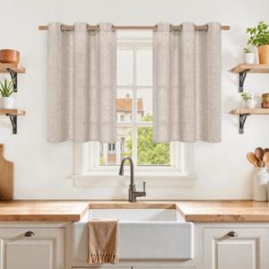 YoungsTex Short Linen Curtains 36 Inch Length for Kitchen Window 2 Panels - Small Semi Sheer Drapes Light Filtering with Bronze Grommet Netural Rustic for Cafe Bathroom, 42 X 36 Inch (Natural)