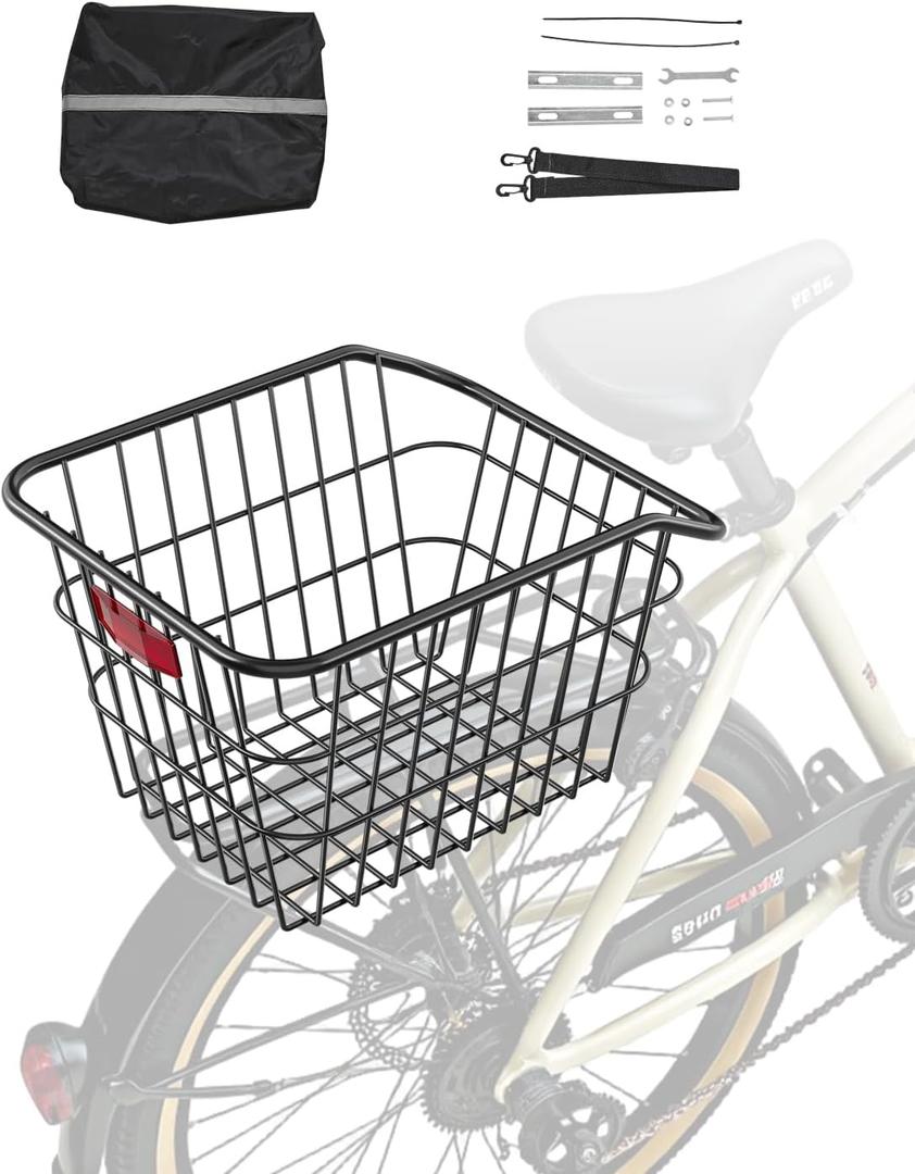 VEVOR Rear Bike Basket, Metal Wire Bicycle Basket with Reflective Tail Light & Waterproof Cover, Durable Bike Back Basket, Fits to Most Rear Bike Racks