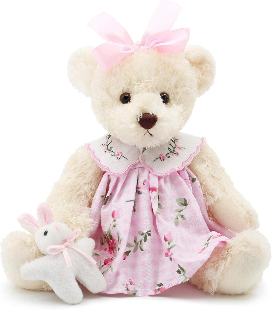 Oitscute Small Baby Teddy Bear with Cloth Cute Stuffed Animal Soft Plush Toy 10" (Pink Dress with Rabbit)