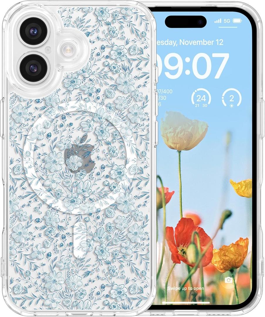 RALEAVO for iPhone 17 Case Compatible with MagSafe Clear Floral Pattern Design Cute for Girls Women Slim Magnetic Hard Back Shockproof Phone Case for iPhone 17,Blue Flowers