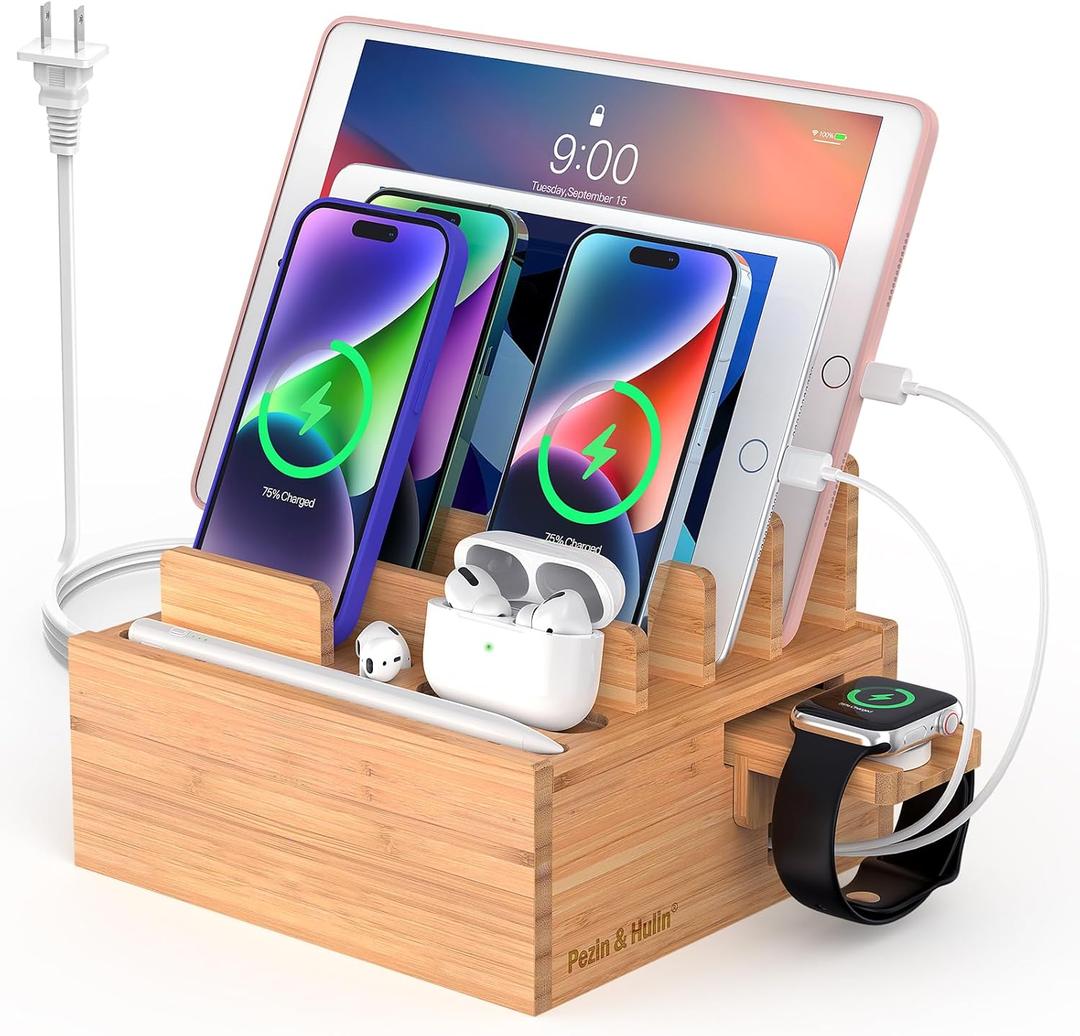 Pezin & Hulin Bamboo Charging Station for Multiple Devices Include 5 Port USB Charger, 5 Cables, Desktop Organizer for Phones, Tablet, Wooden Docking Stations (Style 1)