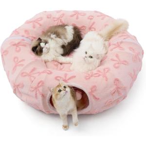 Lesure Large Cat Tunnel Bed - Cute Donut Bed for Indoor Cats with Washable Circle Cushion, Round Pet Peekaboo Cave Toy for Multi Kitten/Puppy/Rabbit, Large Pink Taffy (32"L x 32"W x 10"H)