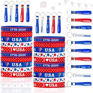 4th of July Themed Wristbands & Keychains 50Pcs - Patriotic Silicone Bracelets and Key Ring Set, Red White Blue Accessories for Independence Day, Memorial Day, Labor Day Party Favors